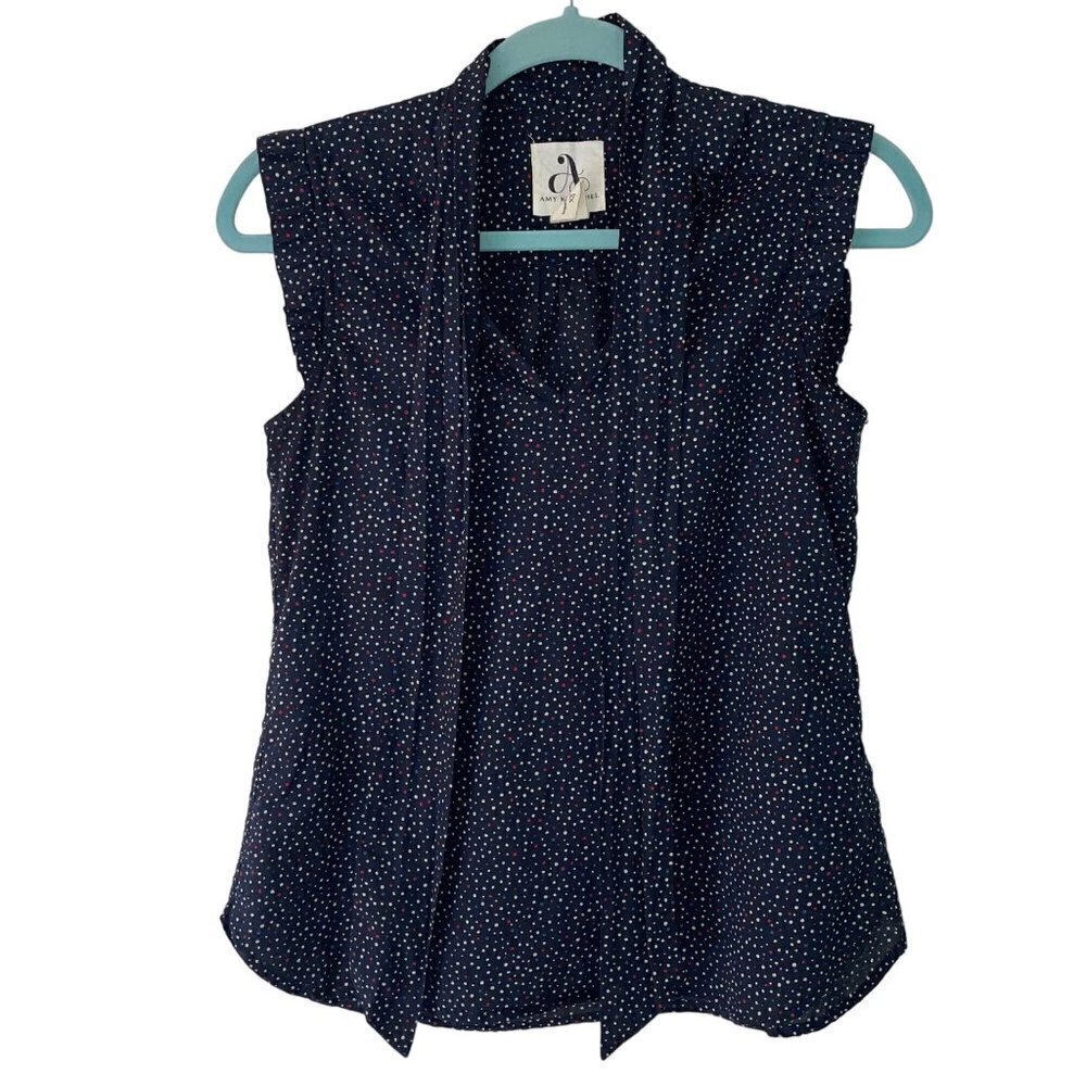 Amy Kuschel Womens Top Size XS Blue Dotted Ruffle Trim Sleeveless Tie Front